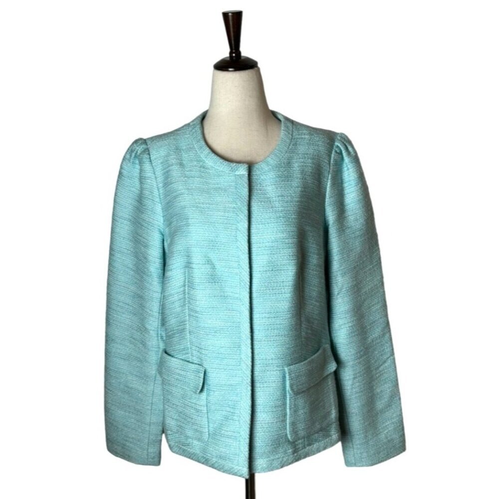 Talbots Blue Shimmer Crew Neck Snap Button Front Puff Sleeve Jacket Size 10